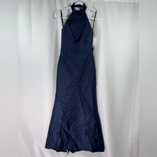 Alfred Sung High Neck Halter Open Back Satin Twill Trumpet Dress Midnight Navy 2