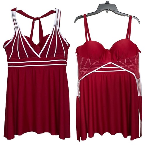 Tankini Swimsuit Womens 2XL Red White Strappy Mesh Swimdress Set Padded Cups - Picture 2 of 10