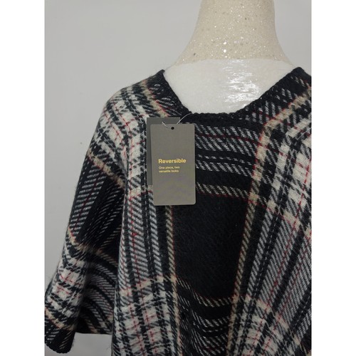 Style & Co reversible plaid poncho wrap in black, white & red tones One size - Picture 5 of 8