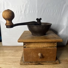 Vintage Cast Iron & Wood Primative Farmhouse Working Coffee Grinder