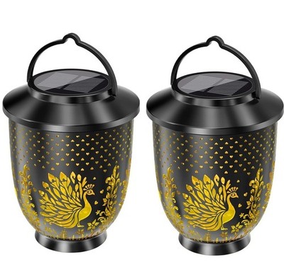 2PK Hanging Solar LED Lights Lantern Outdoor Waterproof Peacock Garden Decor