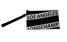 Longchamp Black White Los Angeles Zip Wristlet Pouch w/ Wrist Strap