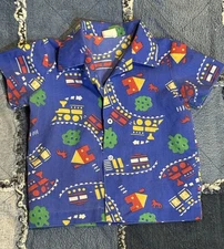 Vintage Retro Button Up Shirt Choo Choo Train House Dog Blue