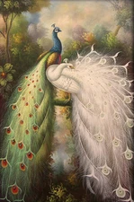 Beautiful oil painting nice birds Peacocks on branch in landscape free postage