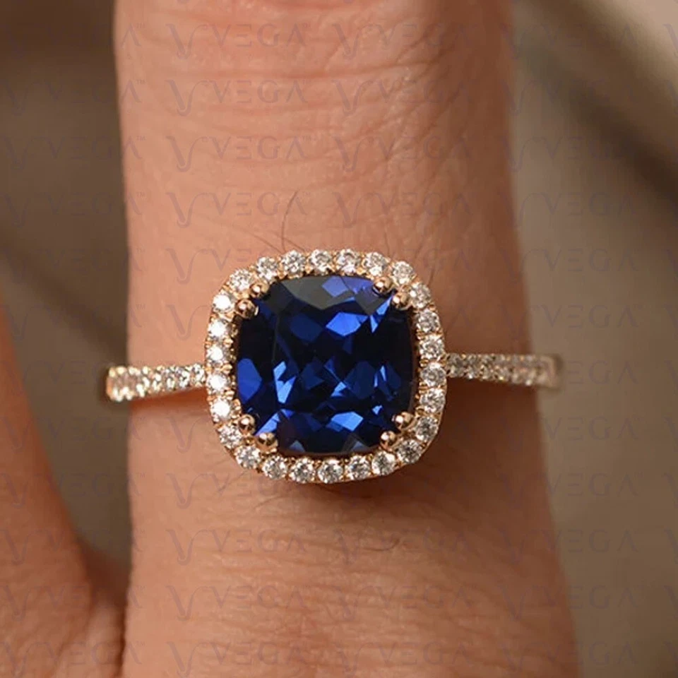 4.60Ct Cushion Natural Sapphire & Diamond Engagement Ring 18K Yellow Gold Plated - Image 4 of 4