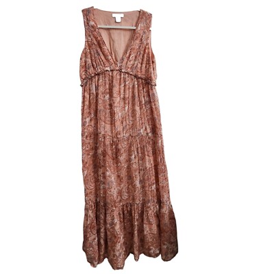 Rachel Zoe Maxi Dress Small Pink Empire Paisley Tiered V-Neck Boho Summer Ruffle