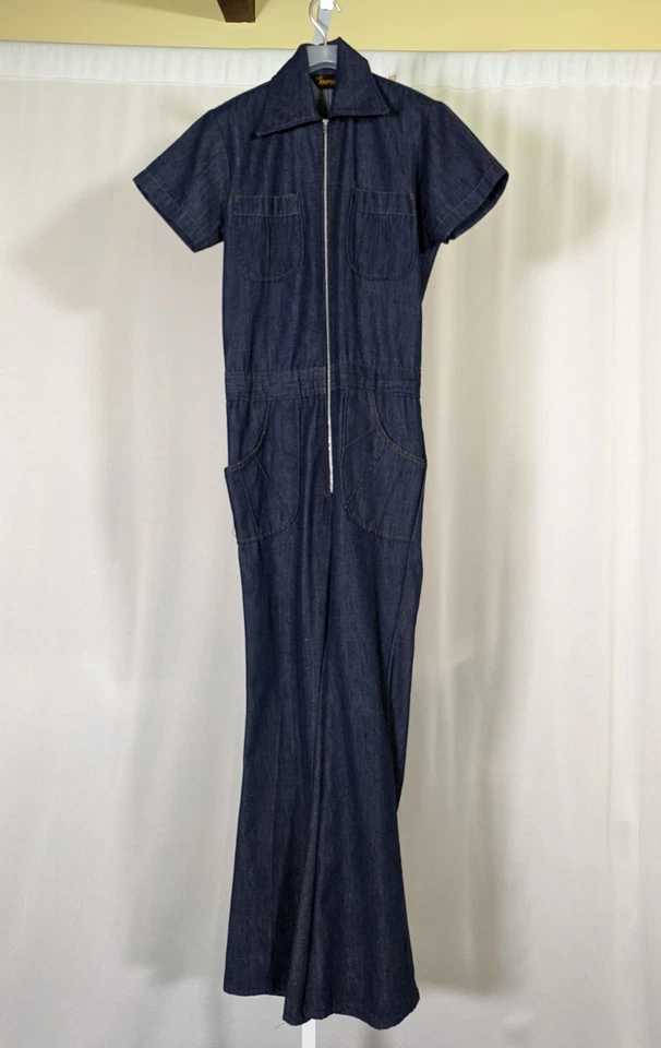 Винтажный джинсовый комбинезон индиго 60-е 70-е модель Bell-bottoms Flare 34 Sears Talon США - Изображение 2 из 4