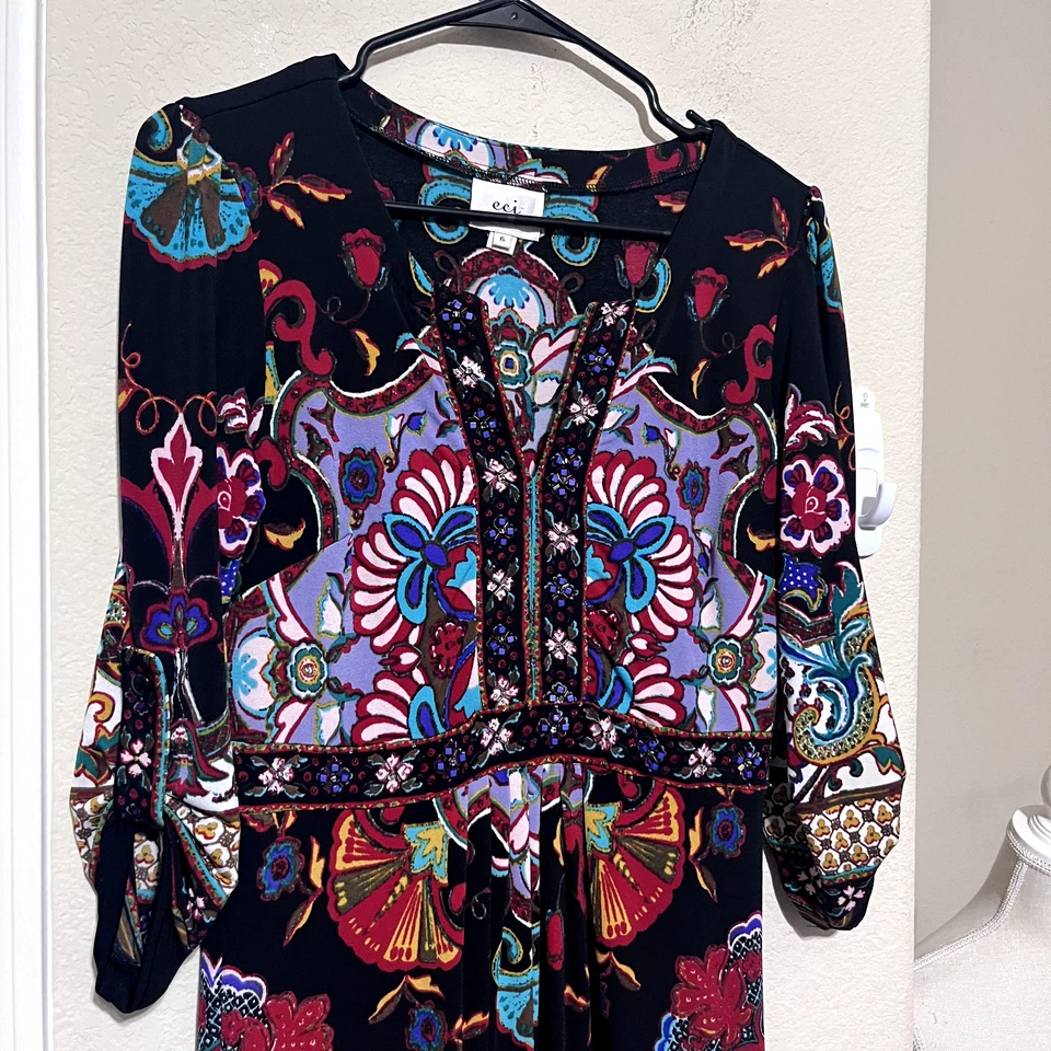 Vestido estilo bohemio Eci New York para mujer talla 6 multicolor cuello en V cuentas boho Foto 2 de 4