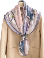 100% Silk 33“ Square large Scarf Women Bandana Shawl Wrap floral pink gray WS656