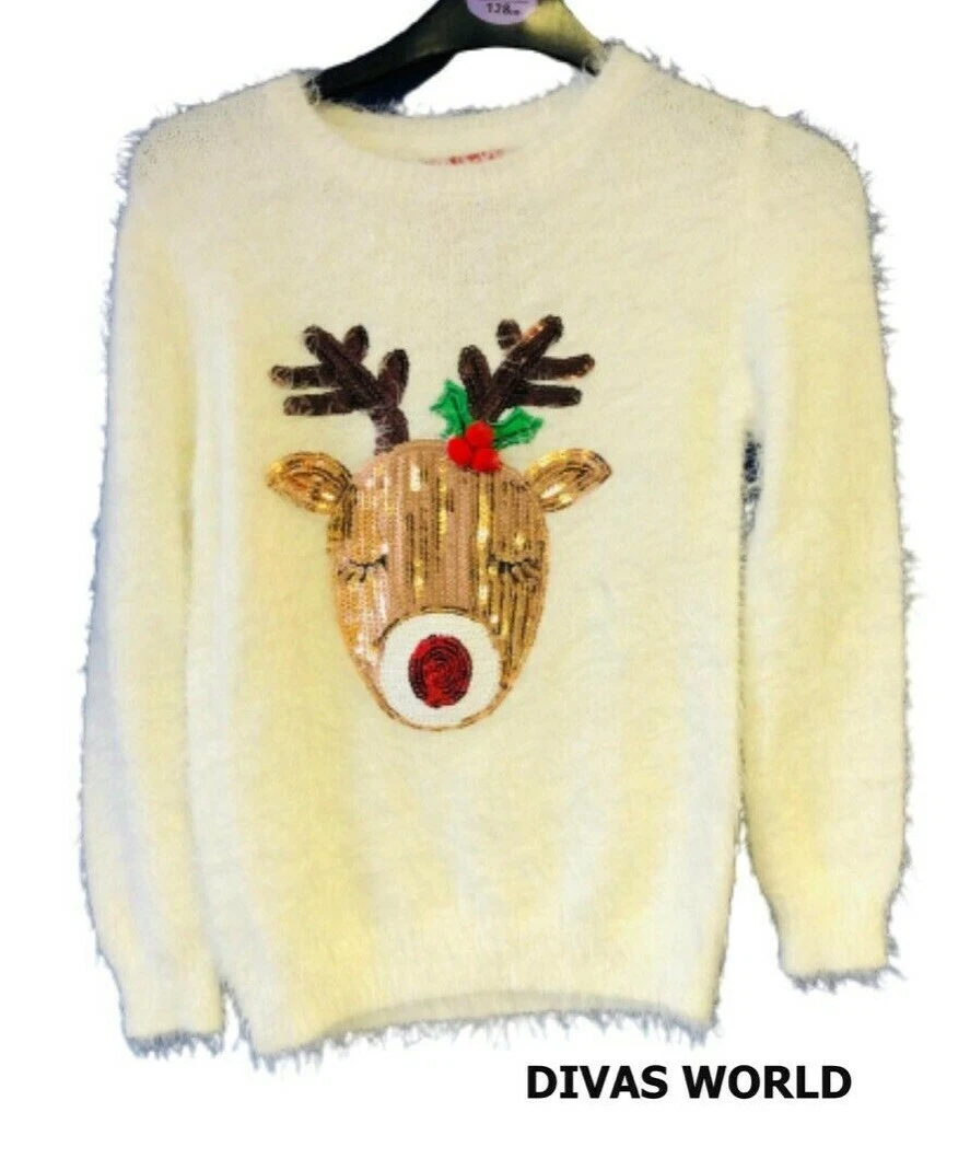 Christmas Kids Jumper Reindeer Rudolph Sequin White Fluffly