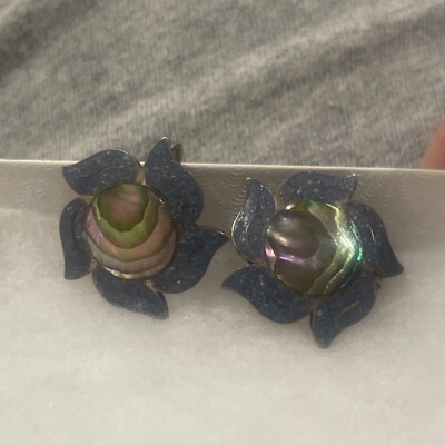 VTG Earring Silver Base Teal Enamel Abalone Center Sunflower Sunburst Screw Back