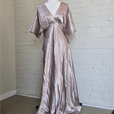 Birdy Grey Jesse Kimono Satin Dress Taupe Bridesmaid Maxi V-Neck Flutter Sleeve