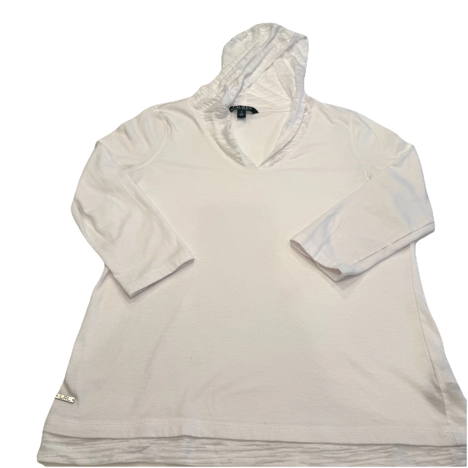 Lauren Ralph Lauren Womens Lightweight White Hoodie V-neck Metal Logo Sz S EUC