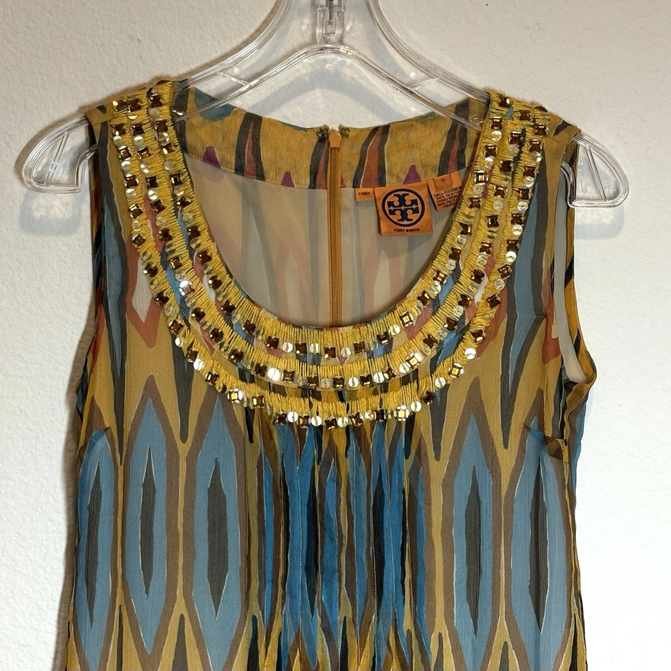 Tory Burch 100% 真丝上衣女式 10 无袖装饰贝壳衬衫设计师 — 第 2/4 张图片