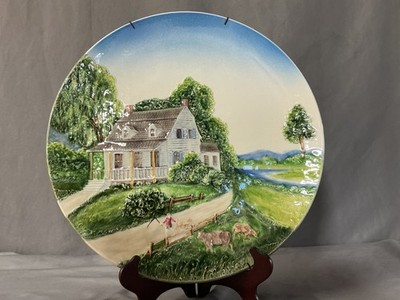 Vintage MAJOLICA 3 D Country Scene Collector Wall Platter 13'' D WEST GERMANY