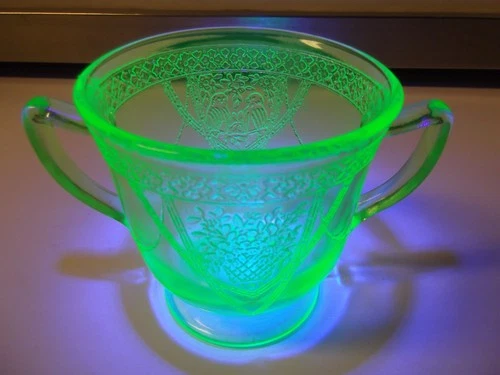 Vintage Federal Georgian Lovebird Depression Vaseline Glass Sugar Bowl Excellent