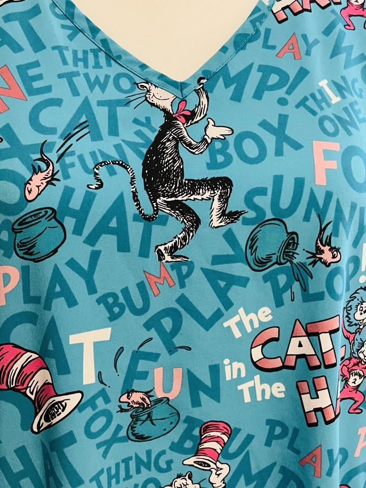 Dr Seuss Cat in the Hat Thing 1 & Thing 2 V-Neck Scrub Top XL Pre-owned VG - Image 3 of 4