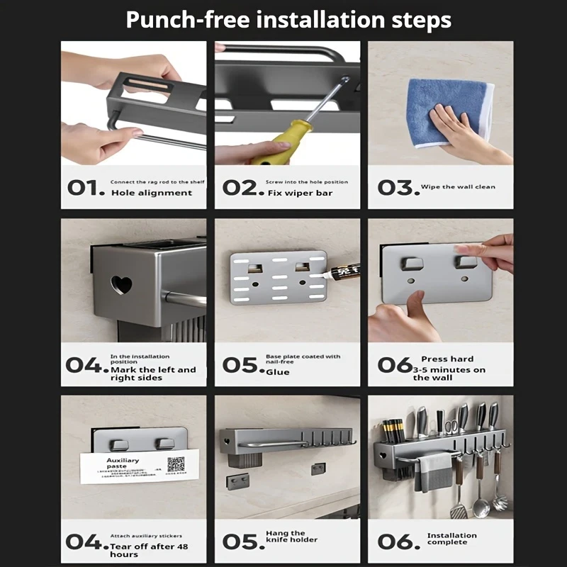 Estante de cocina montado en la pared organizador soporte para cuchillos estante de almacenamiento con 10 ganchos Foto 3 de 4