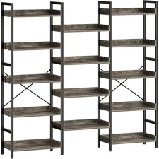 Bookshelf 5 Tiers with 4 Hooks Triple Bookcase with Open Display Shelves New