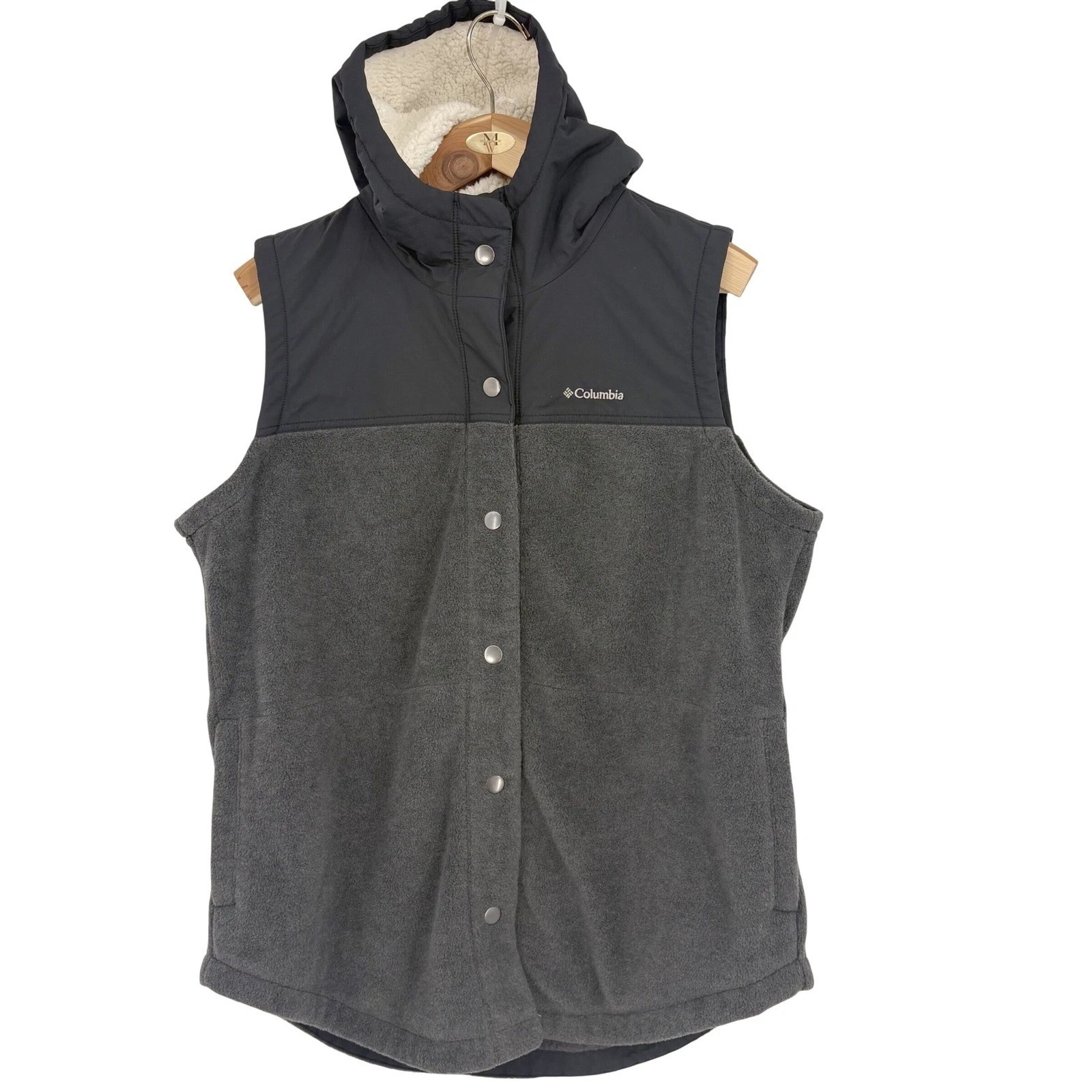 Columbia Womens Fleece Hooded Vest Charcoal Grey Black Snap 1X gorpcore