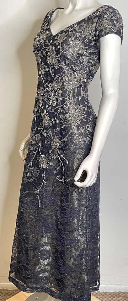 Vestido de Noche Carmen Marc Valvo Couture Largo Azul Marino Dorado Cuentas 4 Foto 4 de 4