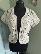 Coldwater Creek Cream/Oat Crocheted Lace Open Romantic Sweater Cardigan Size 10