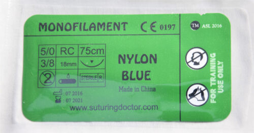 5/0 NYLON BLUE MONOFILAMENT 75cm SUTURES FOR TRAINING USE 18mm NEEDLE 12pcs NEW - Afbeelding 1 van 5