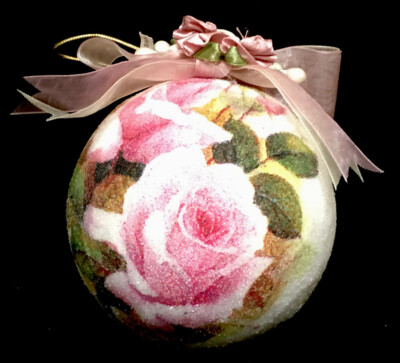 Shabby Chic Sugar Frosted 3  Round Pink Rose Hanging Ornament Ribbons Dillards