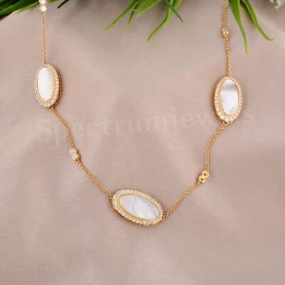9.08 TCW Oval Perle Station Halskette Mit Halo Diamant 14K Gelbgold Kette - Bild 1 von 4