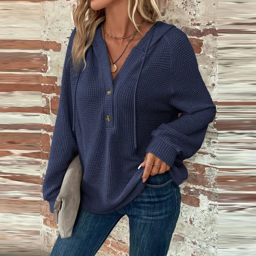 Women's hooded waffle knit button V-neck long sleeved sweater sweatshirt top- - Bild 13 von 43