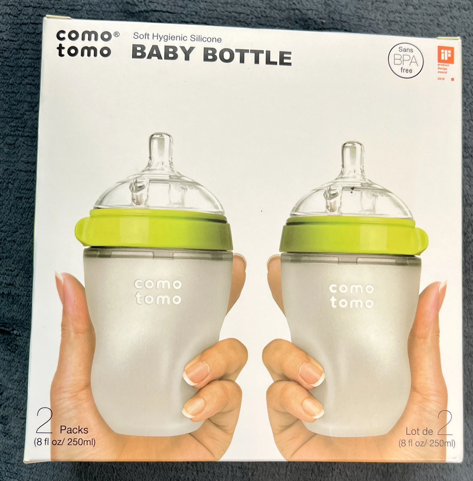 Two Comotomo baby bottles (8 oz/250ml) + 2 extra replacement silicon nipples