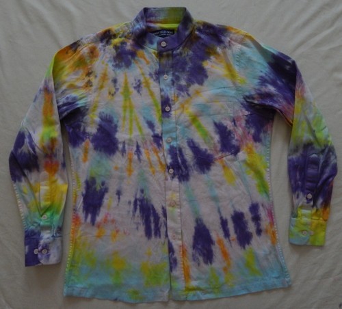 Banded Collar Tie Dye Purple Rainbow Long Sleeve Button Up Shirt - Small Mens - Picture 2 of 6