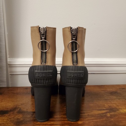 Womens Sorel DACIE Leather Chunky Heel Boots Zipper Tan black 8.5 shoes - Picture 6 of 12