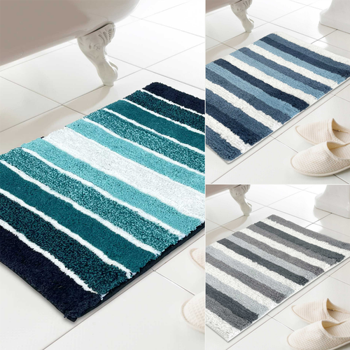 Bath Mat 100 Cotton Soft Striped Bath Rug Carpet Striped Stripey Blue