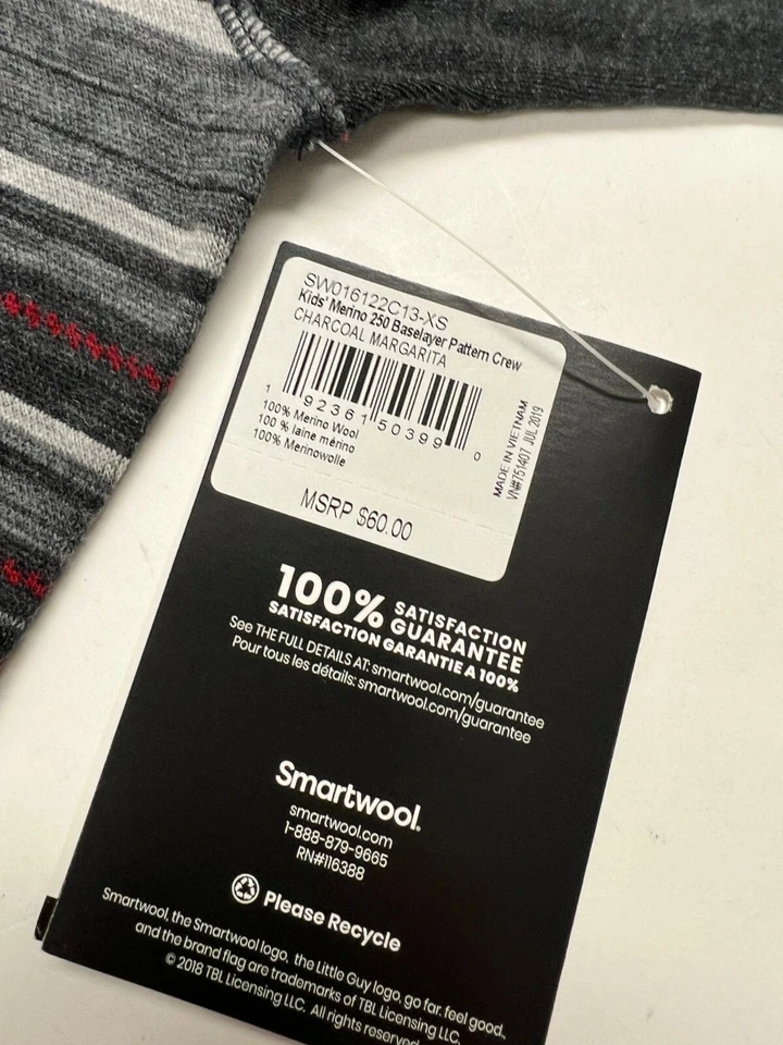 Smartwool Merino 250 Kids Base Layer Crew Top NWT Sz XS Boy Girls Charcoal Print - image 2 of 4