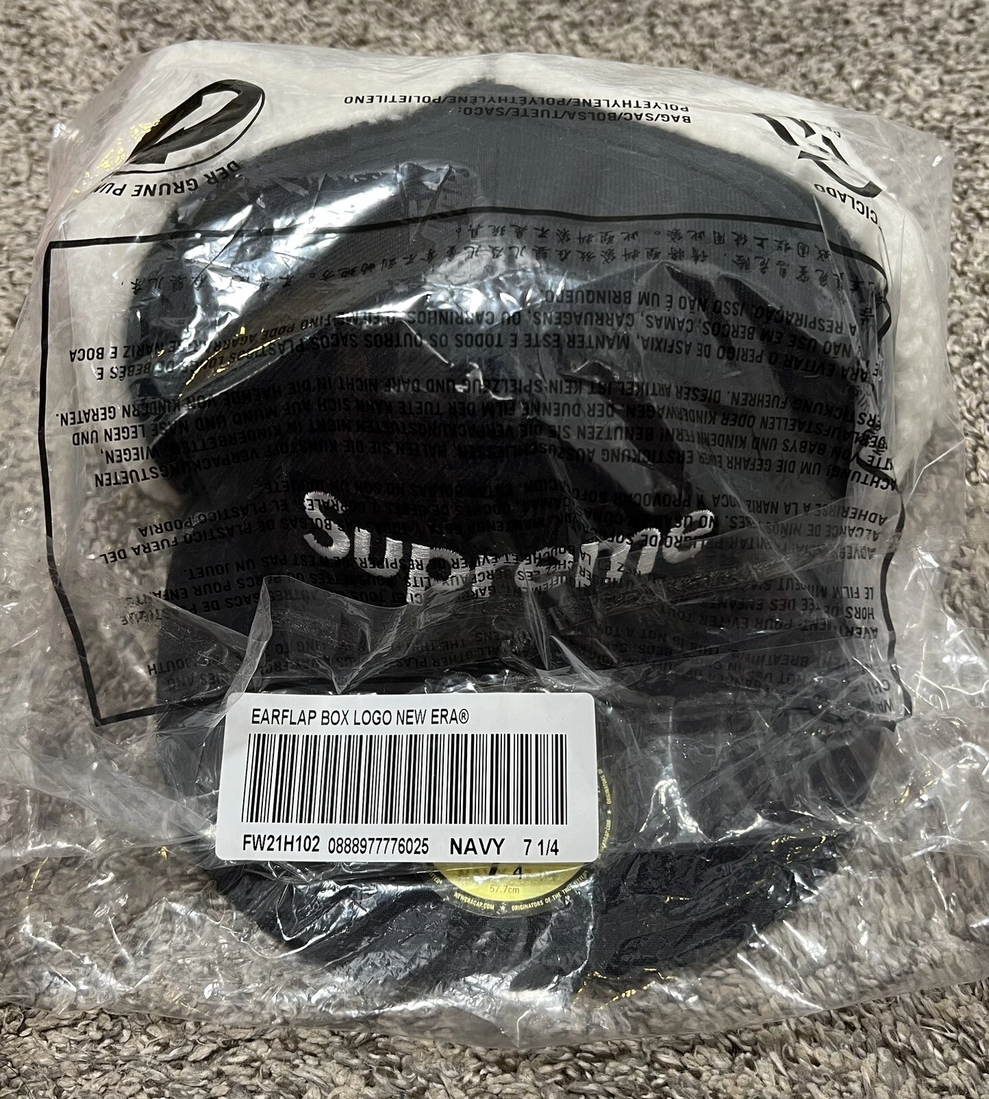 Casquette ajustée logo Supreme Box New Era chapeau rabat d'oreille NAVY FW21 taille 7 1/4 chapeau neuf