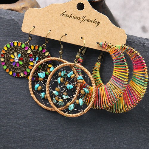 3Pair/Set Bohemian Boho Ethnic Round Drop Dangle Hook Alloy Charm Women Earrings - Picture 17 of 58