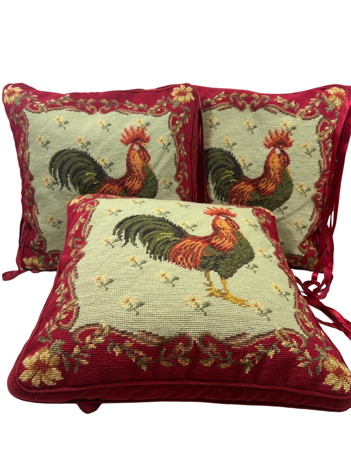 Lot of 3 Needlepoint Chair Cushions Handmade Wool Rooster 18"x18