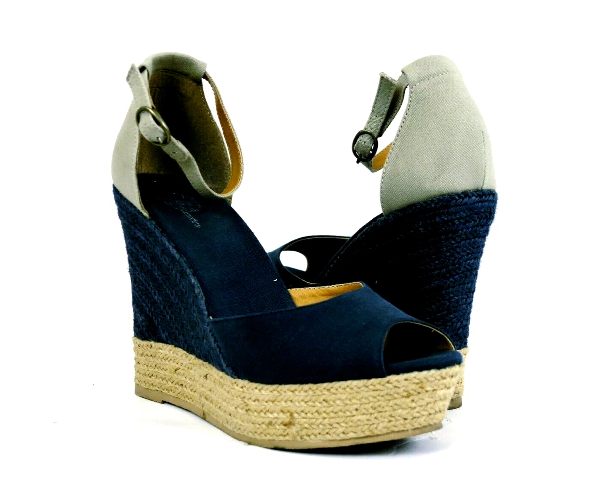 Bata Women s Sandal Wedge Upper Cotton Cannette Blue Beige Details Rope tg38