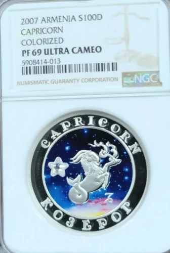 2007 ARMENIA SILVER 100 DRAM ZODIAC CAPRICORN NGC PF 69 ULTRA CAMEO TOP POP 