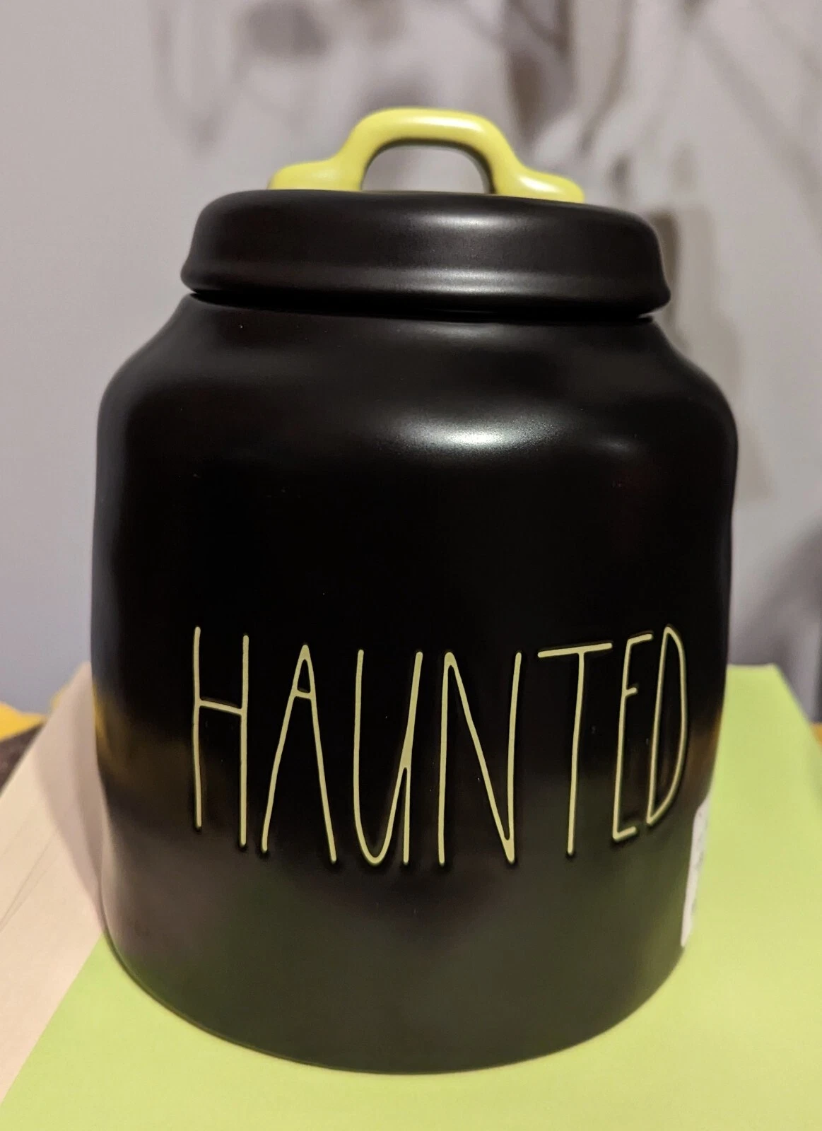 Rae Dunn Black And Lime Green "Haunted" Canister