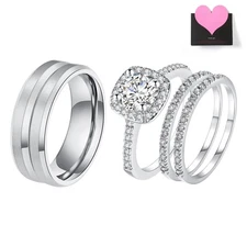 Couples Men Women Stainless Steel Ring Set Cubic Zirconia Stacking Wedding Band