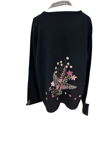 J. Jill 100% lana bellissimo cardigan maglione boho nero ricamato donna XL