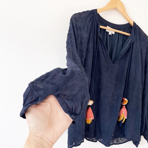 Johnny Was Jade Peasant Tasseled Embroidered Tunic Top in Navy Blue size M - Picture 3 of 7