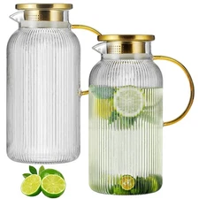 2 PACK Glass Pitcher with Lid, 68 oz/ 2 Liter Vertical Stripes Water Pitcher ...
