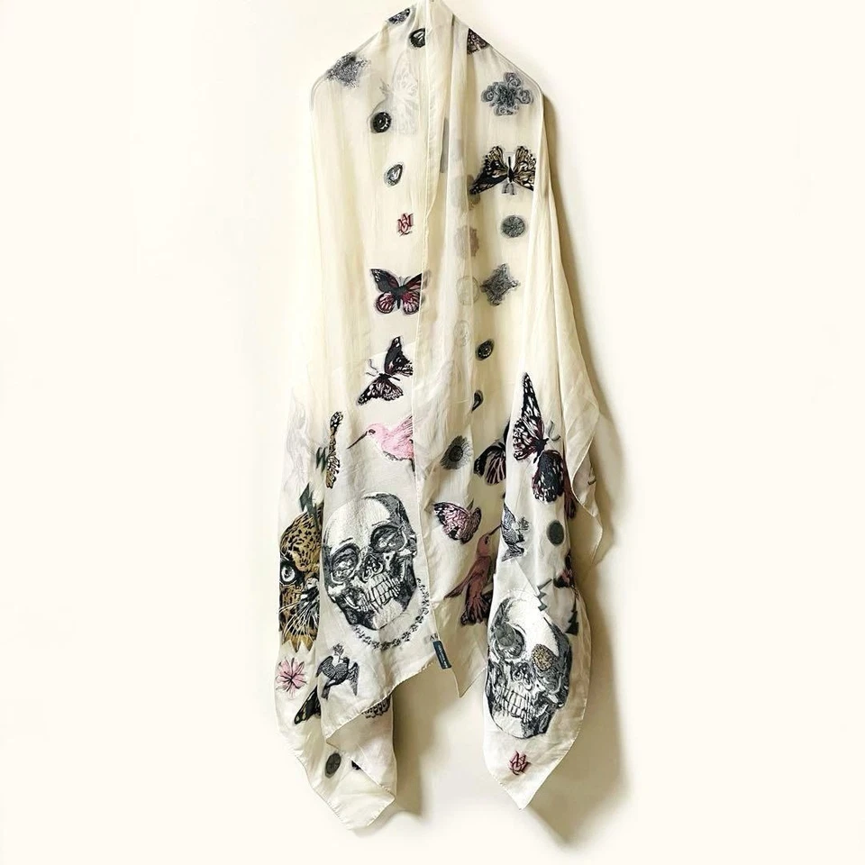 Auténtico Alexander McQueen Bufanda Grande Mantón Seda Con Calavera Pájaro Mariposa Foto 3 de 4