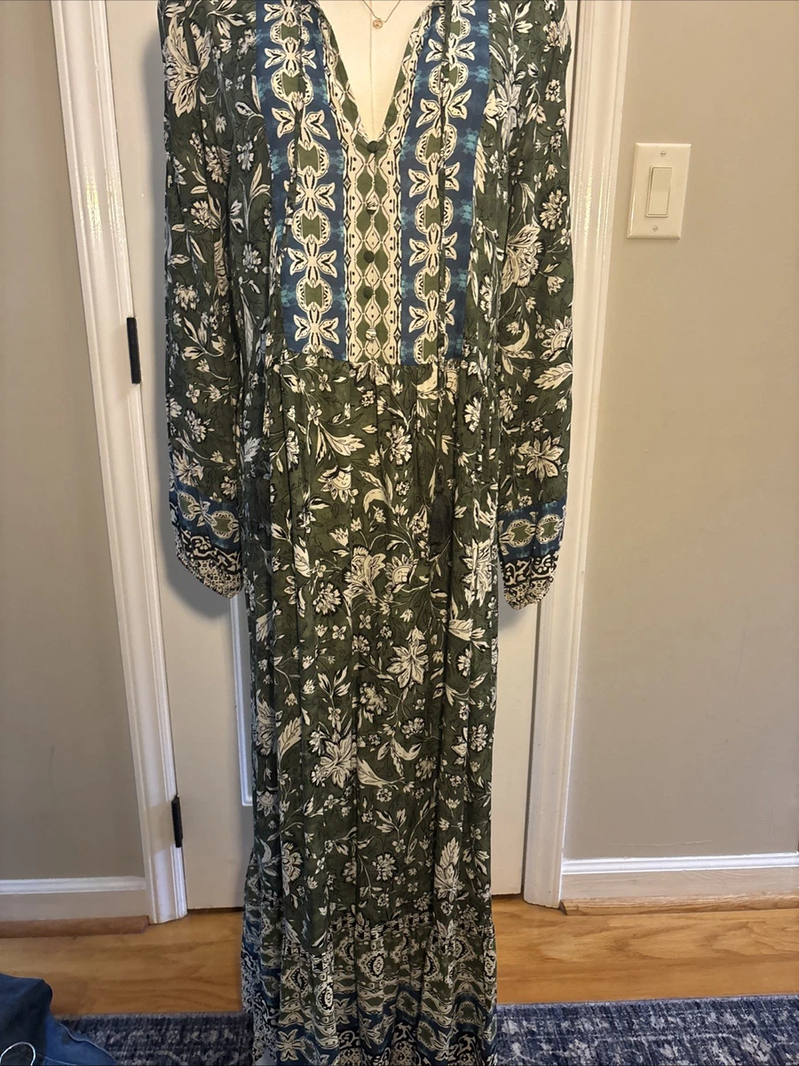 zara floral long sleeve maxi dress Zara Green White Leaf Floral Midi Maxi Long Sleeve Tiered Shirt Dress size S 10