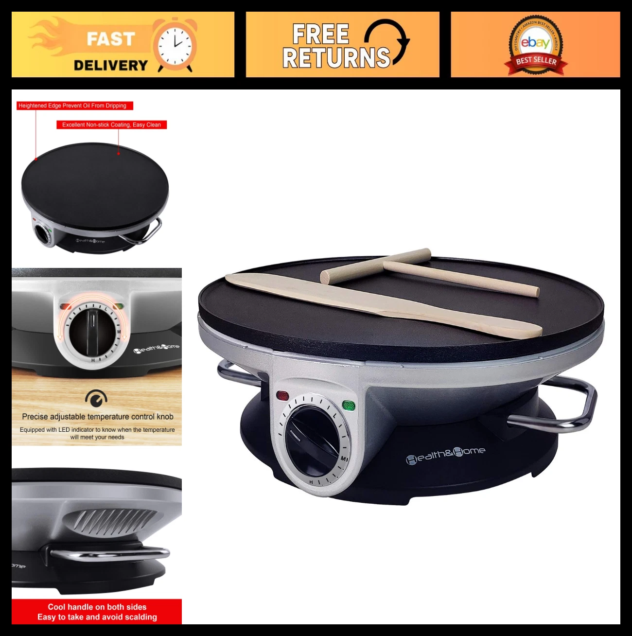 13" Electric Crepe Maker & Non-Stick Griddle - Pancake Pan for Easy Cooking