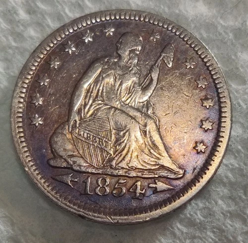 1854 Seated Liberty Quarter, Obverse Die Cracks, some toning, VF/XF