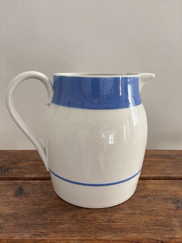 Vintage Ceramic Blue Striped White Farmhouse Jug Pitcher W/ Handle Cottage Style - Bild 4 von 9